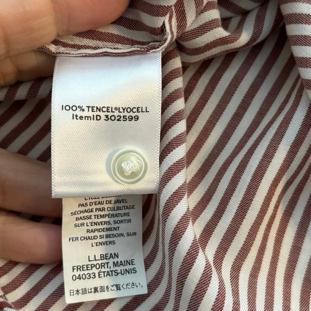 LL Bean Signature Womens Size 4 Button Up Shirt Striped Fray Detail Burgundy - Picture 5 of 6